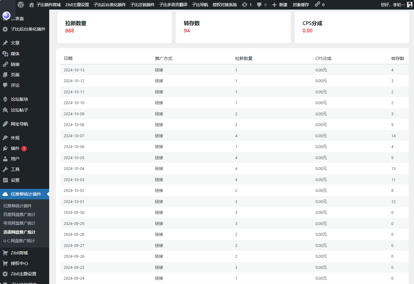 WordPress任推帮网盘拉新数据统计插件