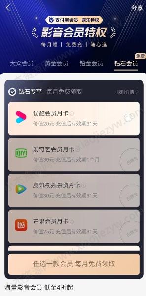 支付宝钻石会员每月免费领腾讯/优酷/爱奇艺/芒果/豪绿/B站等VIP月卡  第2张
